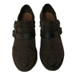 Ruff Hewn Nadine Brown Faux Leather Rivet Detail Two Buckle Blocked Heel Bootie